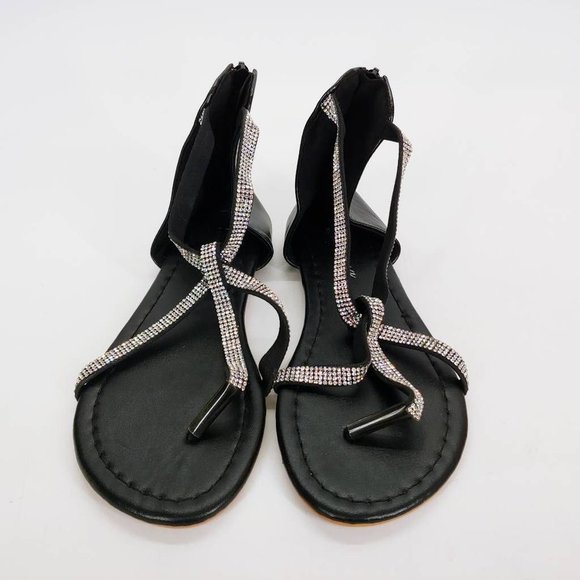 Lichuang Womens T-Strap Thong Sandals Black Back Zip Rhinestone Flat Heel EU 38 - Picture 3 of 10